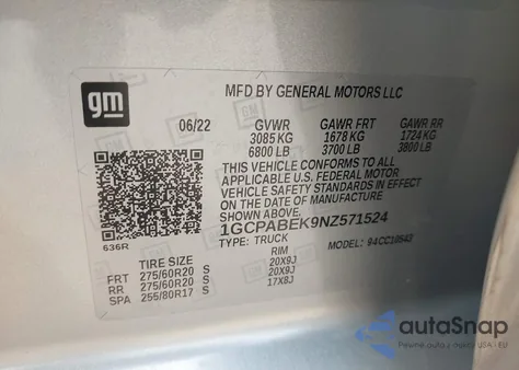 2022 Chevrolet Silverado 1500 2Wd Short Bed Custom z USA, uszkodzony, nr VIN 1GCPABEK9NZ571524